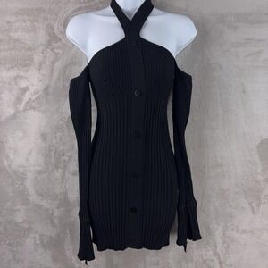 Andrea Adamo Ribbed Halter Dress Womens Size XS Black Button Front‎ Bodycon